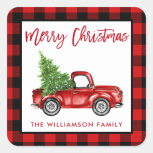 Borstel Script Truck Kerst Rood Plaid Vierkante Sticker