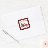 Borstel Script Truck Kerst Rood Plaid Vierkante Sticker (Envelop)