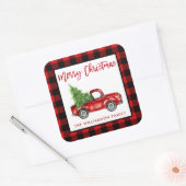 Borstel Script Truck Kerstmis Rood Plaid L Vierkante Sticker (Envelop)