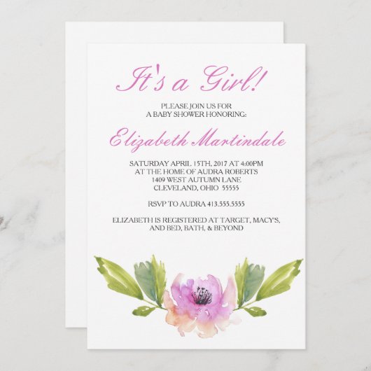 borstelbloemen | Waterverf Baby shower Uitnodiging (Voorkant / Achterkant)