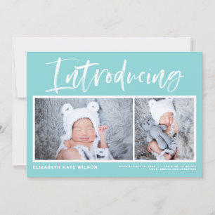 Borstelkalligrafie Aqua Blue Photo Collage Birth Aankondiging
