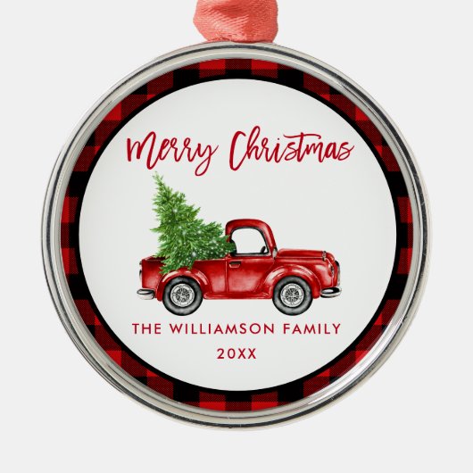 Borstelscript Rood geruite Truck Rond Metalen Ornament (Voorkant)