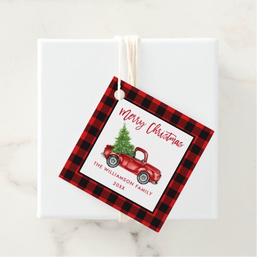 Borstelscript Rood Plaid Kerst Rode Vrachtwagen Bedankjes Labels (In situ)
