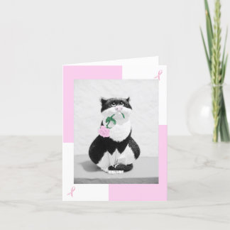 Borstkanker Kaart Cat & Pink Rose; Roze linten