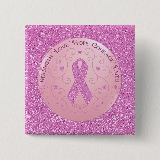 Borstkanker Roze lint Glitter Button (Voorkant)