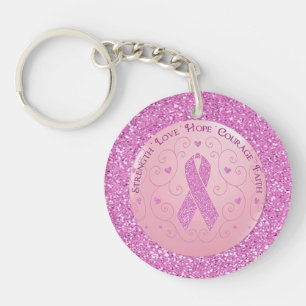 Borstkanker Roze lint Glitter Rond Sleutelhanger