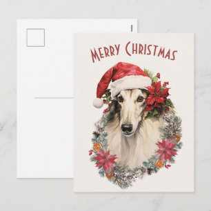 Borzoi Dog Santa Hat Red Poinsettias Kerstmis Feestdagenkaart