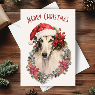 Borzoi Dog Santa Hat Red Poinsettias Kerstmis Kaart