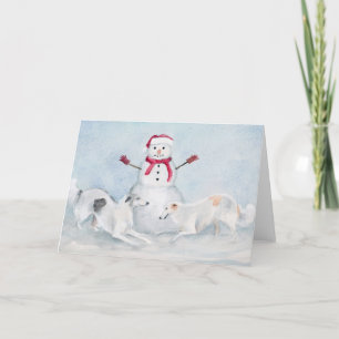 Borzoi Jouer avec Snowman Dog carte de voeux Art
