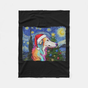 Borzoi Santa Hat Christmas Sterrennacht Dog Art Pa Fleece Deken