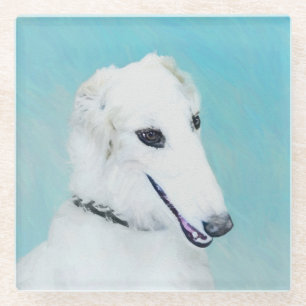 Borzoi (wit) schilderen - Kute Original Dog Art Glazen Onderzetter