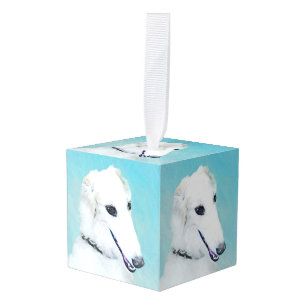 Borzoi (wit) schilderen - Kute Original Dog Art Kubus Ornament
