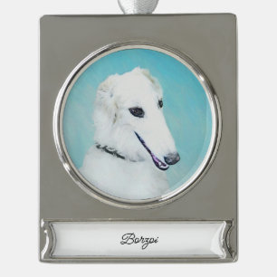 Borzoi (wit) schilderen - Kute Original Dog Art Verzilverd Banner Ornament