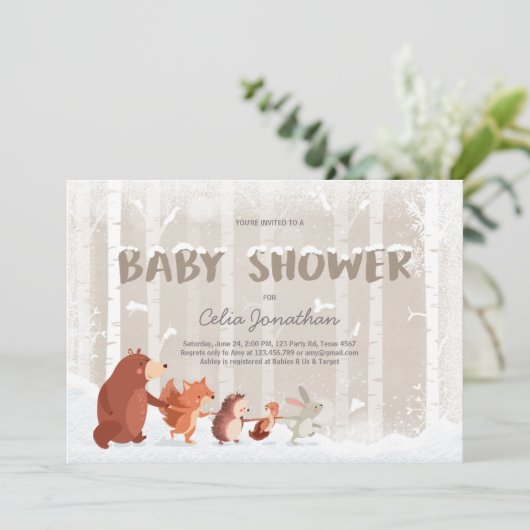 Bos Baby shower uitnodiging Wintersneeuwvlokken (Staand voorkant)