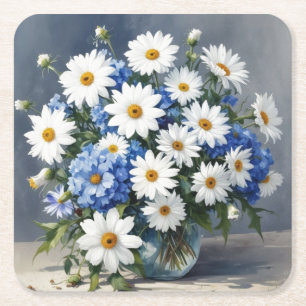 Bos Bloemen Elegante Madeliefjes Waterverf Vierkante Kartonnen Onderzetter