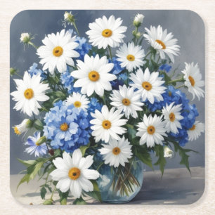 Bos Bloemen Elegante Madeliefjes Waterverf Vierkante Kartonnen Onderzetter