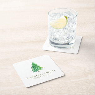 Bos Boom Waterverf Bloemen Boho Bruiloft Vierkante Kartonnen Onderzetter