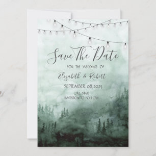 Bos, dennenbomen, string lichtgroen Save the date