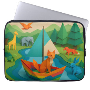 Bos Gevouwen Dieren – Kleurrijke Origami Wildlife Laptop Sleeve