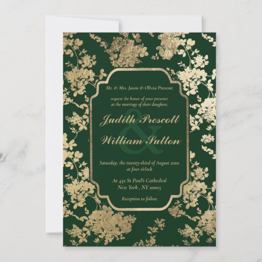 bos groen goud bloemenpatroon bruiloft kaart (Voorkant)