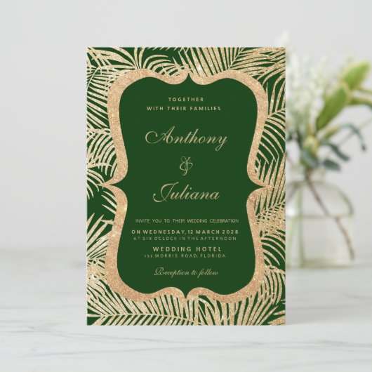 Bos groen goud glitter palmboom blad Bruiloft Kaart (Staand voorkant)