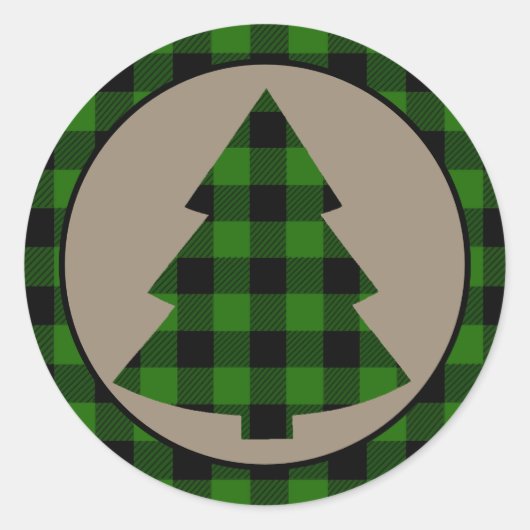 Bos Groene Buffel Plaid Border Kerstboom Ronde Sticker (Voorkant)
