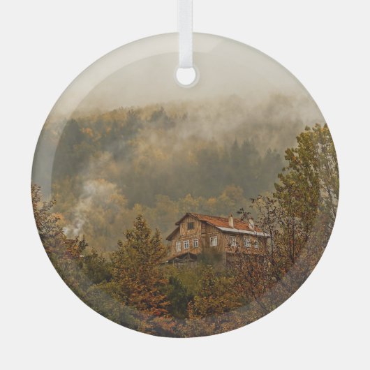 Bos houten huis: rustige scène glas ornament (Voorkant)