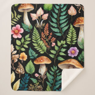 Bos Paddestoel Varen Patroon Zwarte Achtergrond Sherpa Deken