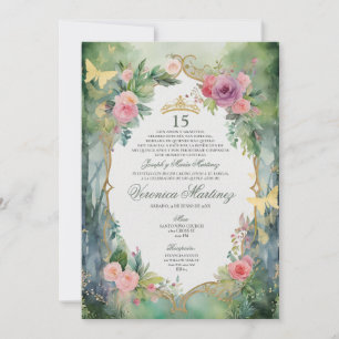 Bos Salie Groen Roze Bloemige Sweet 15 Quinceañera Kaart