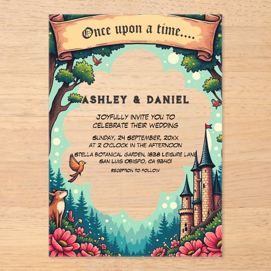 Bosachtig betoverd bos kasteel sprookjeshuwelijk acryl uitnodigingen (Voorkant)