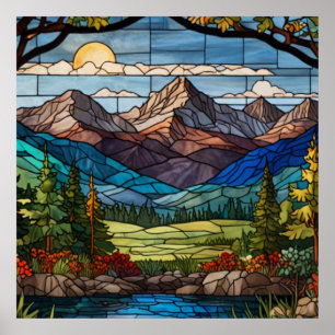 Bosberglandschap vintage glas-in-lood poster
