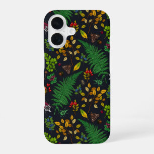 Bosbessen, bladeren en insecten op grafietzwart iPhone 16 hoesje