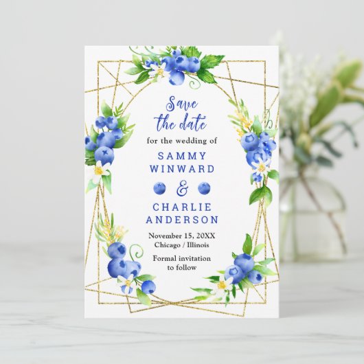 Bosbessen en gebladerte bruiloft save the date (Staand voorkant)