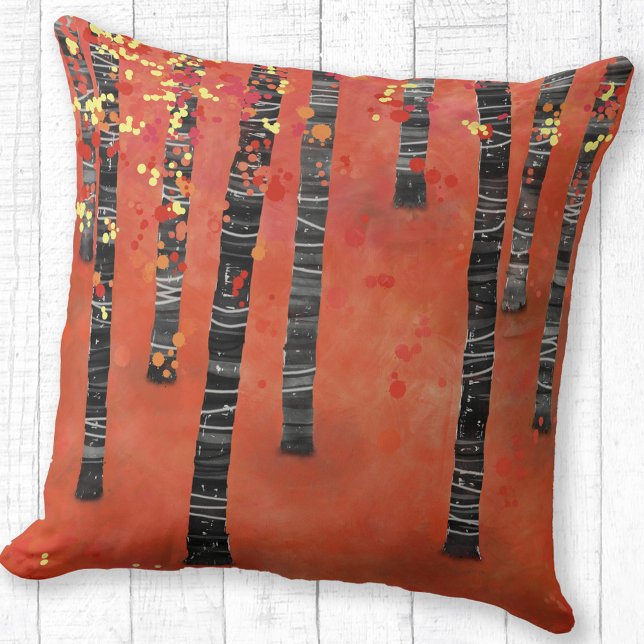 Bosboombos Rood Kussen (Birch Aspen Tree Forest abstract red throw pillow)