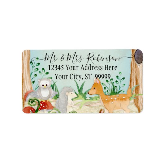 Bosbos Deer Fox Owl Animal Foliage Blue Etiket (Voorkant)