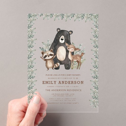 Bosbossen Dieren Genderneutraal Baby shower Acryl Uitnodigingen (Insitu (Draagbaar))
