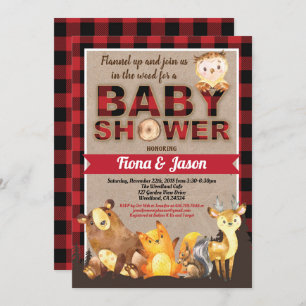 Bosbouwdieren baby shower lumberjack red plaid kaart