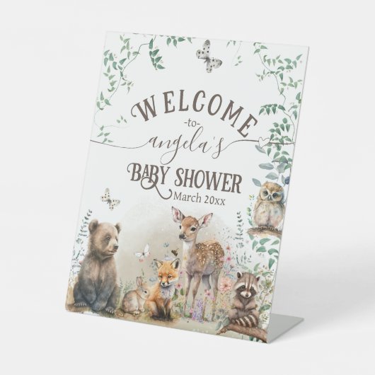 Bosbouwdieren Baby shower van groenbossen Reclamebord Met Voetstuk (Voorkant)
