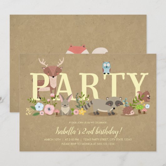 Bosbouwdieren - Birthday Party Kaart (Voorkant / Achterkant)
