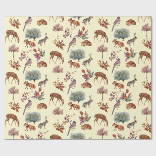 Bosbouwdieren en vogels Bleek gele achtergrond Cadeaupapier (Vlak)