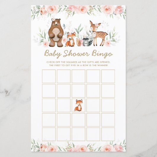 Bosbouwdieren Floral Baby shower Bingo Game (Voorkant)