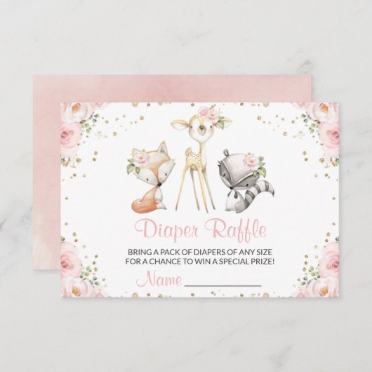 Bosbouwdieren, roze bloemen, luierspoeling informatiekaartje (Voorkant / Achterkant)