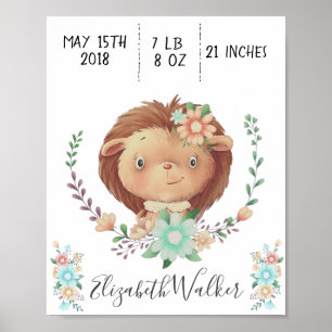 bosbouwvriend baby hedgel - geboortestaat monogram poster