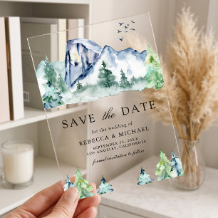 Bosbruiloft met dennenbomen Save the Date Acryl Uitnodigingen