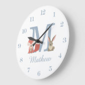 Bosdieren Blauwe Baby Jongen Initiaal Monogram Grote Klok (Hoek)