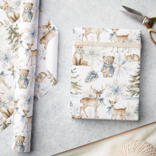 Bosdieren Blauwe Kerst Cadeaupapier