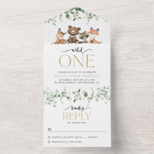 Bosdieren, Bos, Wilde, Eerste verjaardag All In One Uitnodiging (Binnen)