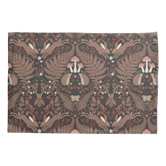 Bosdieren en planten in rood en bruin kussensloop (Achterkant-Links)