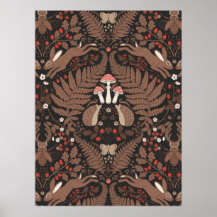 Bosdieren en planten in rood en bruin poster