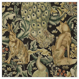 BOSDIEREN, FOX, PEACOCK, HARE IN GROENE PLANTEN STOF
